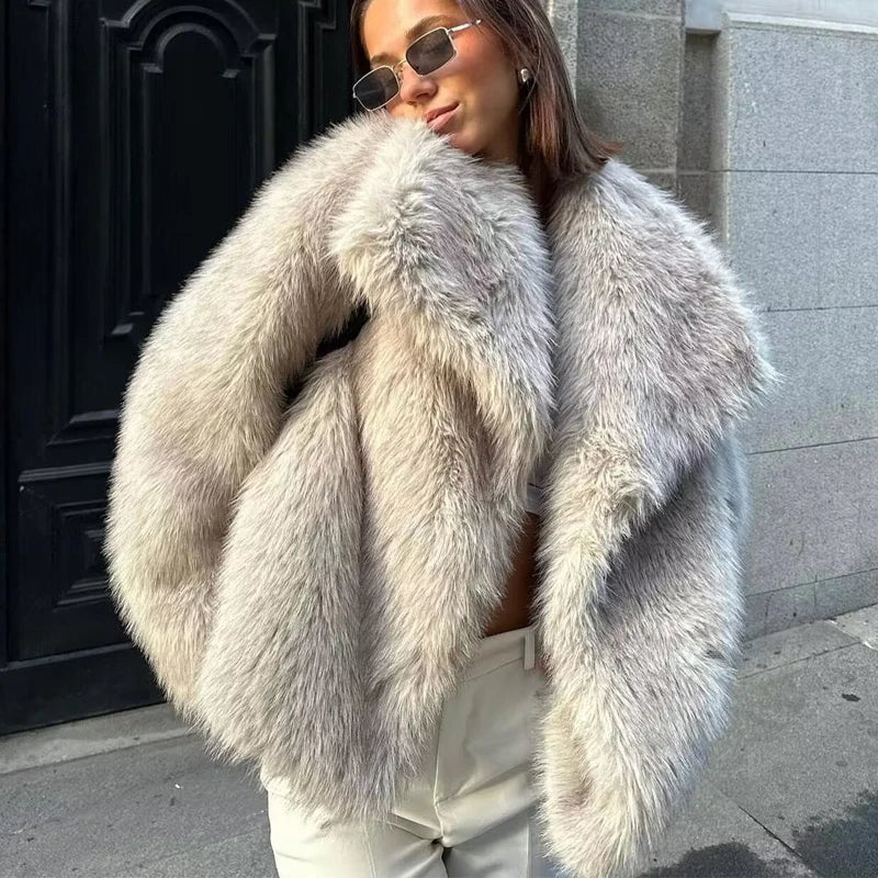 TRAF Plush Colorblock Faux Fur Jacket