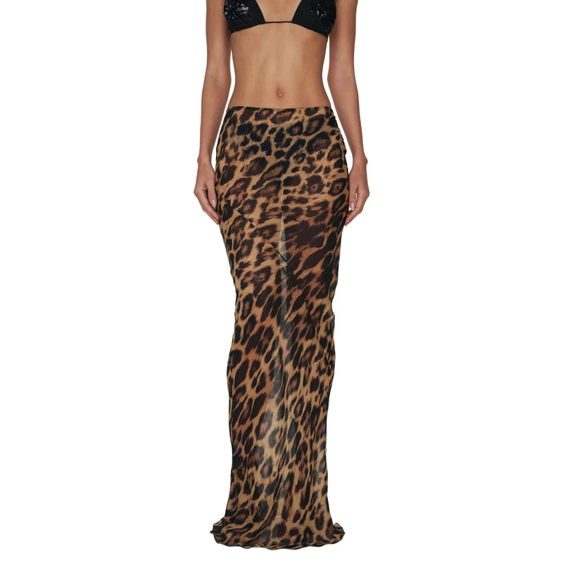 Sheer Leopard Print Slim Fit Maxi Skirt