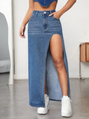 Slant Pocket Whiskered Split Denim Midi Skirt