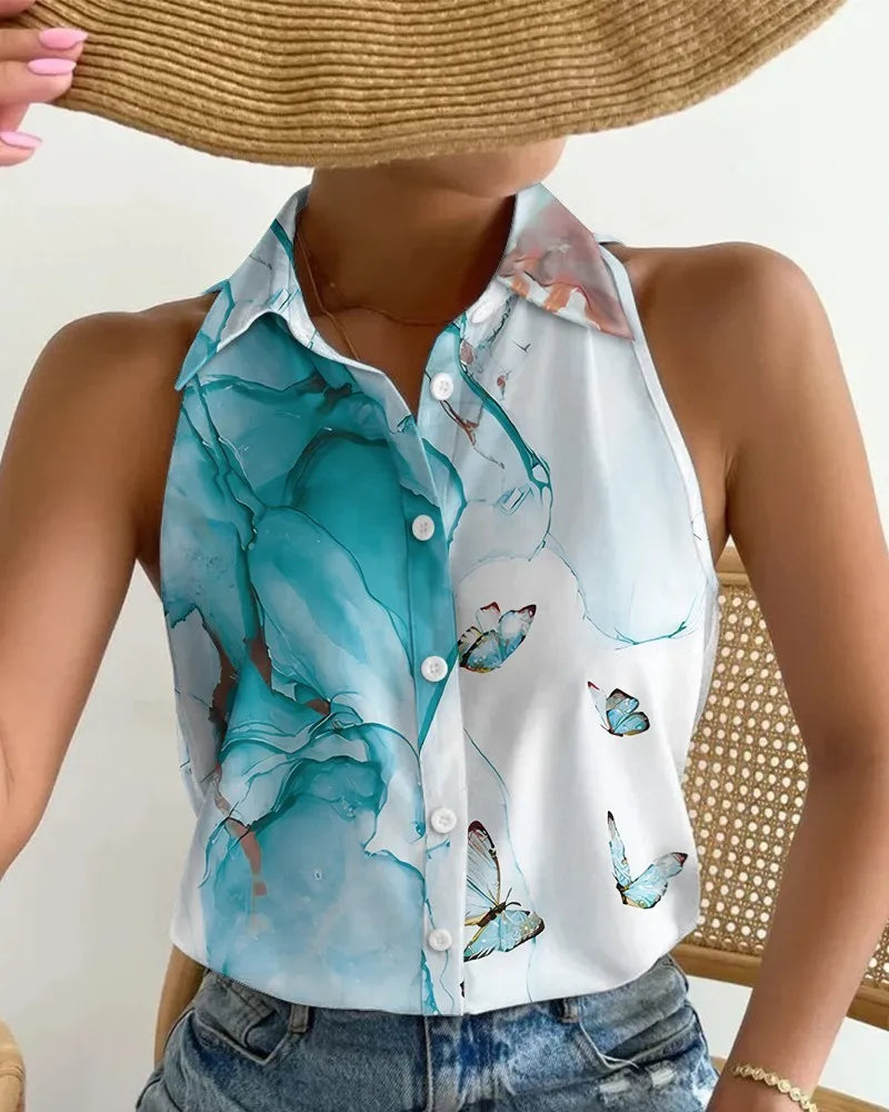 One-Shoulder Sleeveless Abstract Print Shirt – Summer Casual Women’s Top