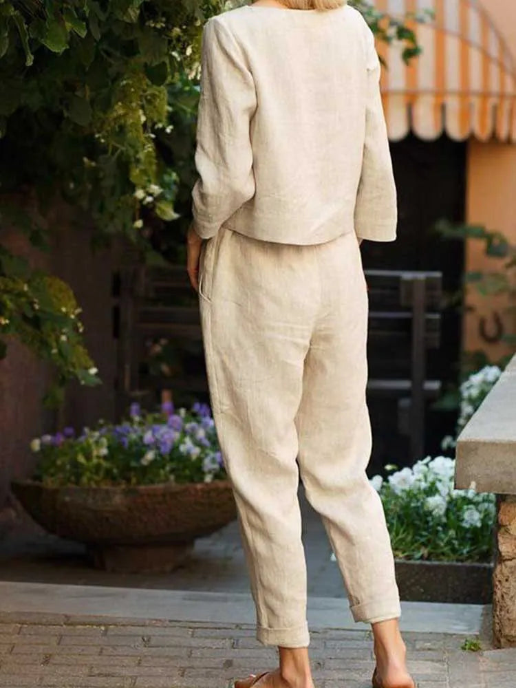 Cotton-Linen O-Neck & Pocket Pants Set